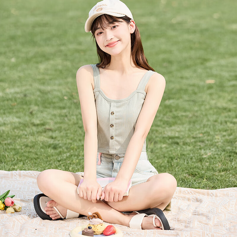 唐獅2024夏季新款打底背心女外穿內搭美背無(wú)袖針織上衣純色小吊帶 淺灰綠 S