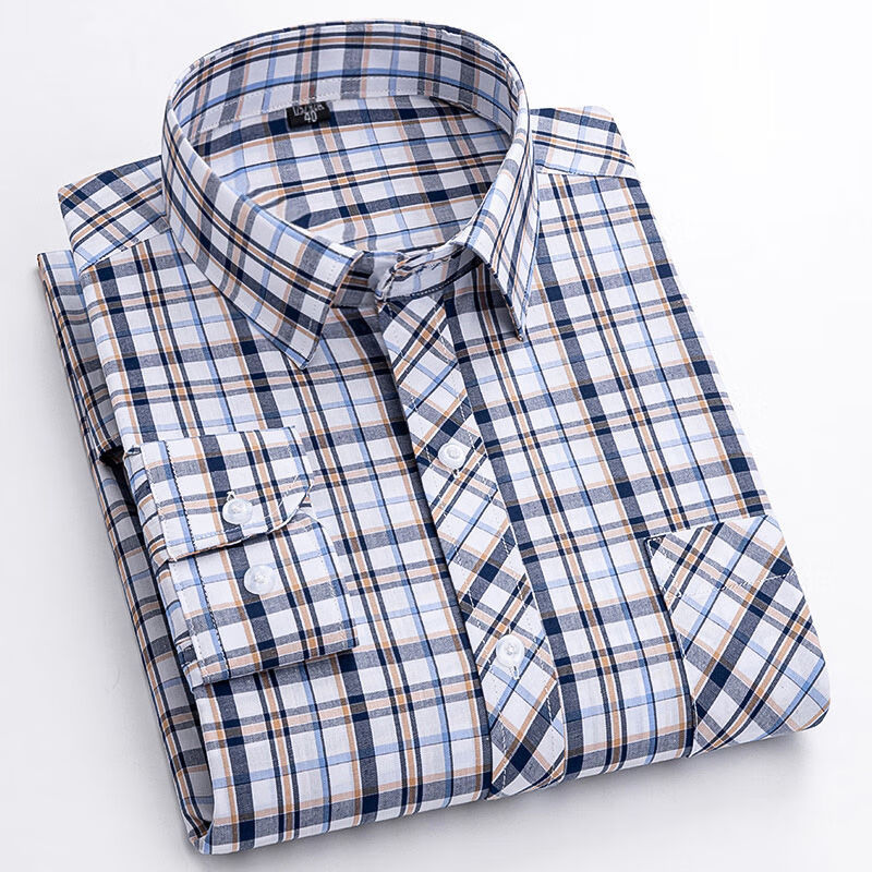 JEEP SPIRIT纯棉格子衬衫男长袖薄款商务休闲百搭方格春夏季免烫全棉男士衬. 纯棉8-55 蓝色小格子 40 130-140斤