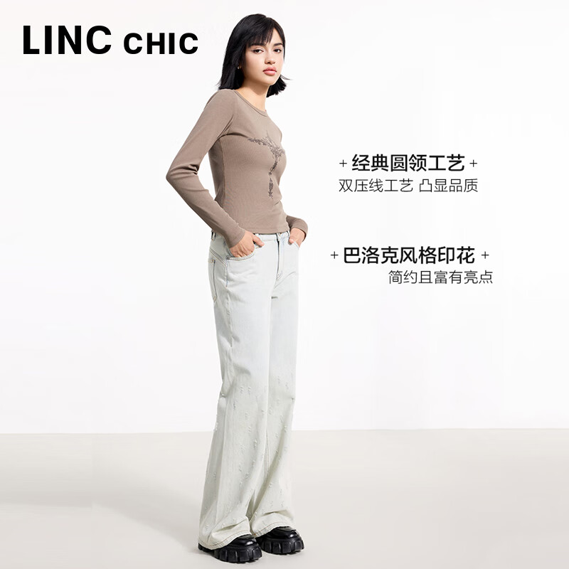 金羽杰2025年春季新品圆领长袖印花T恤女士短款紧身内搭上衣S251FK077Y 咖色 S 适合95斤以下