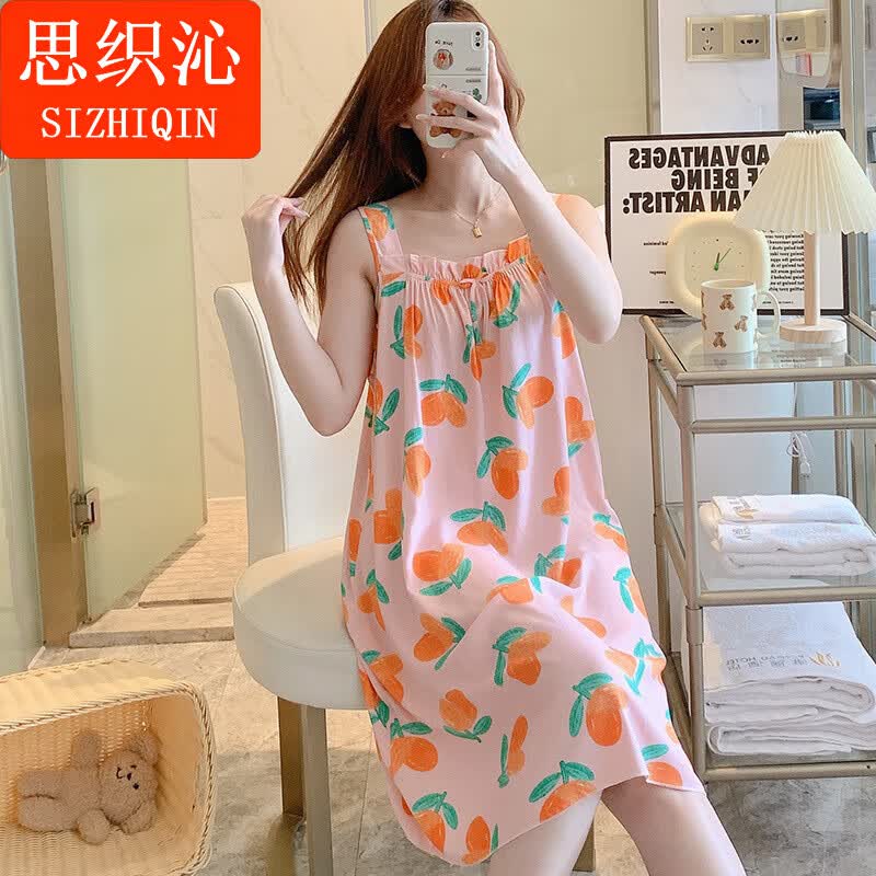 思织沁睡裙夏季女士吊带棉绸小碎花睡衣夏天凉感冰丝少女可爱绵绸家居服 吊带裙-茉莉花米白 F(130斤以内)