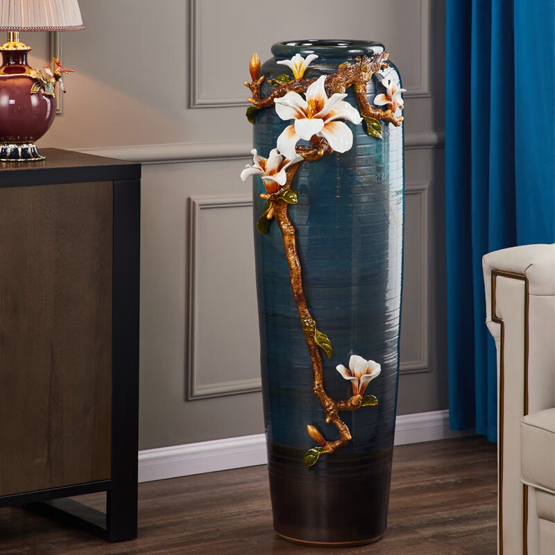 大花瓶轻奢高级感金属装饰落地花瓶别墅客厅玄关摆件 玉兰落地大花瓶