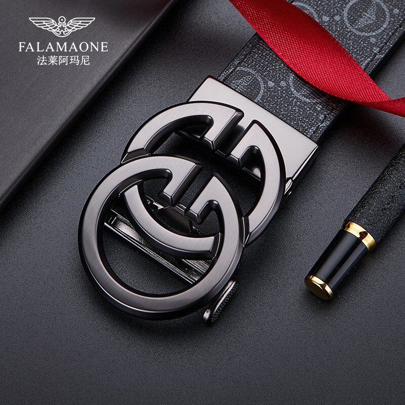 法莱阿玛尼(FALAMAONE)男士皮带男真皮自动扣腰带牛皮商务休闲裤带生日情人节礼物送男友 枪色/PD823【专柜礼盒】 110cm -130cm默认随机(可修剪)