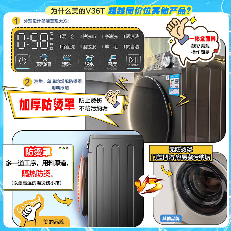 美的美的10KG全自动滚筒洗衣机家用大容量变频一级节能1.1高洗净比V36 【新款洗脱一体】MG100V36T