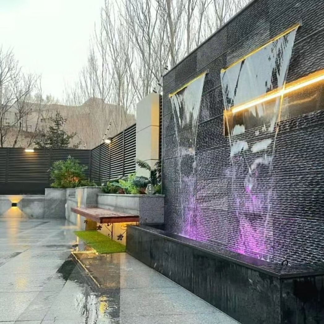 周末岛人造瀑布出水口叠水景观花园鱼池不锈钢流水墙水幕墙鱼缸庭院