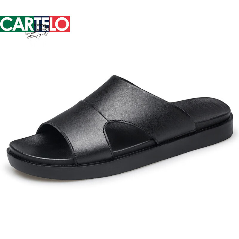 卡帝乐鳄鱼(CARTELO)2026夏季新款手工凉拖男真皮超软外穿百搭凉鞋透气头层牛皮拖鞋轻 黑色 40