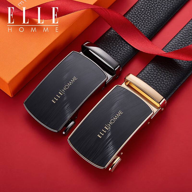 ELLE HOMME法国品牌男士皮带男自动扣真皮腰带牛皮裤带情人节礼物送男友老公 【橙色礼盒】902045时尚金色 115cm -130cm随机发(可修剪）