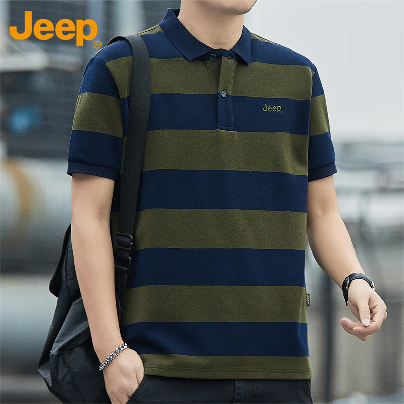 吉普（JEEP）短袖男士T恤夏季Polo商务休闲衫条纹凉感衣服男装 军绿/宝蓝 2XL 