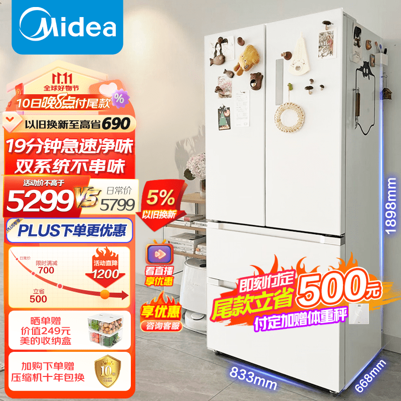 美的（Midea）美的508升白色法式四开门多门智能家用电冰箱除菌19分钟急速净味双系统BCD-508WTPZM(E)属于什么档次？
