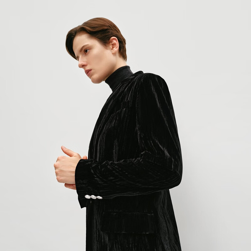 OVV【极夜丝绒】秋冬热卖女装戗驳领通勤休闲西服外套 赫本黑 M