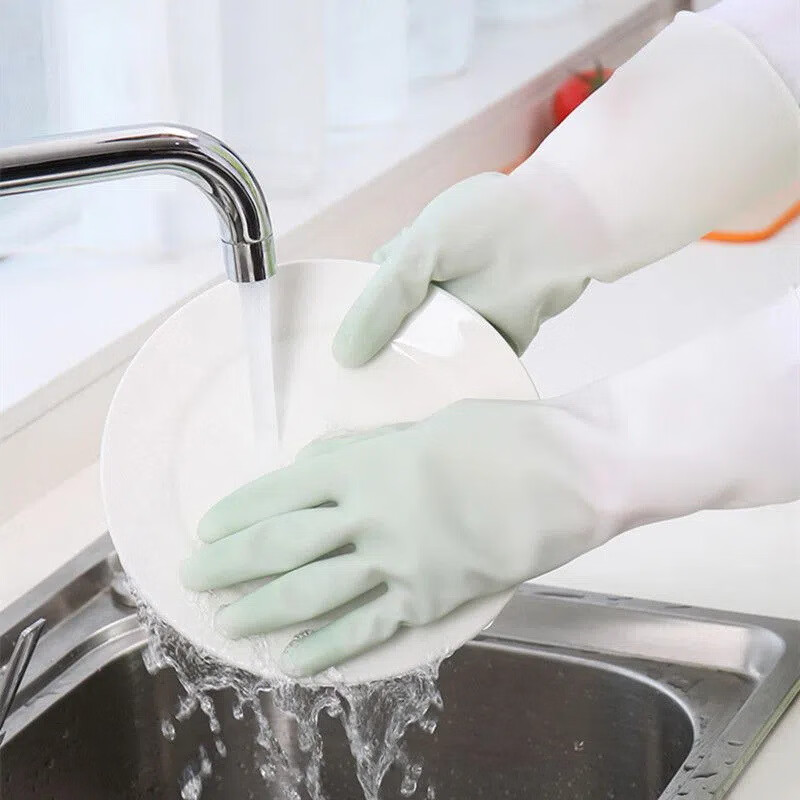 榄茵洗碗手套女家务乳胶防水橡胶胶皮厨房洗衣服刷碗清洁薄款家用手套 梅子绿