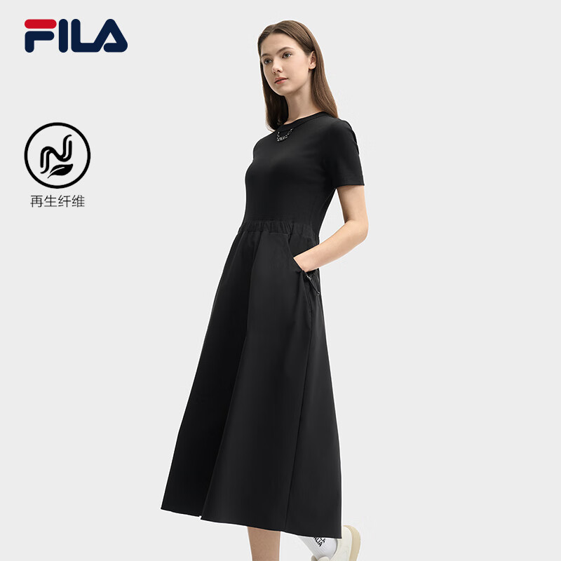 FILA 斐樂官方女子連衣裙2025夏新款時尚休閑簡約修身拼接連身裙 正黑色-BK S 160/80A/S