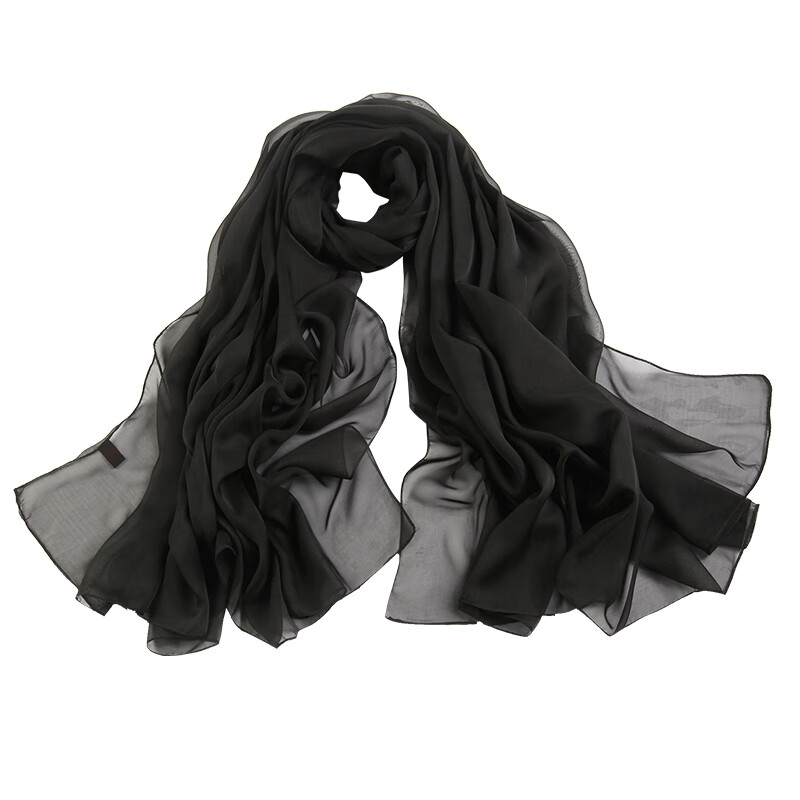 故事2023新款黑色丝巾长纱巾女雪纺沙巾仿夏季真丝黑围巾披肩 黑色