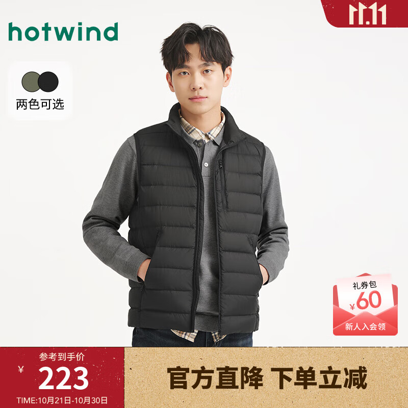 热风（Hotwind）男士羽绒马甲背心2025年冬季新款轻薄羽绒马甲冬季保暖内搭 01黑色 S