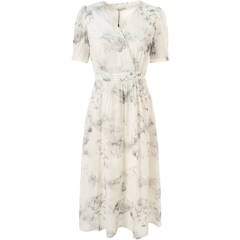 百图betu女装夏季新款连衣裙V领国风印花腰部打条连衣裙女2407T64 浅杏色 M