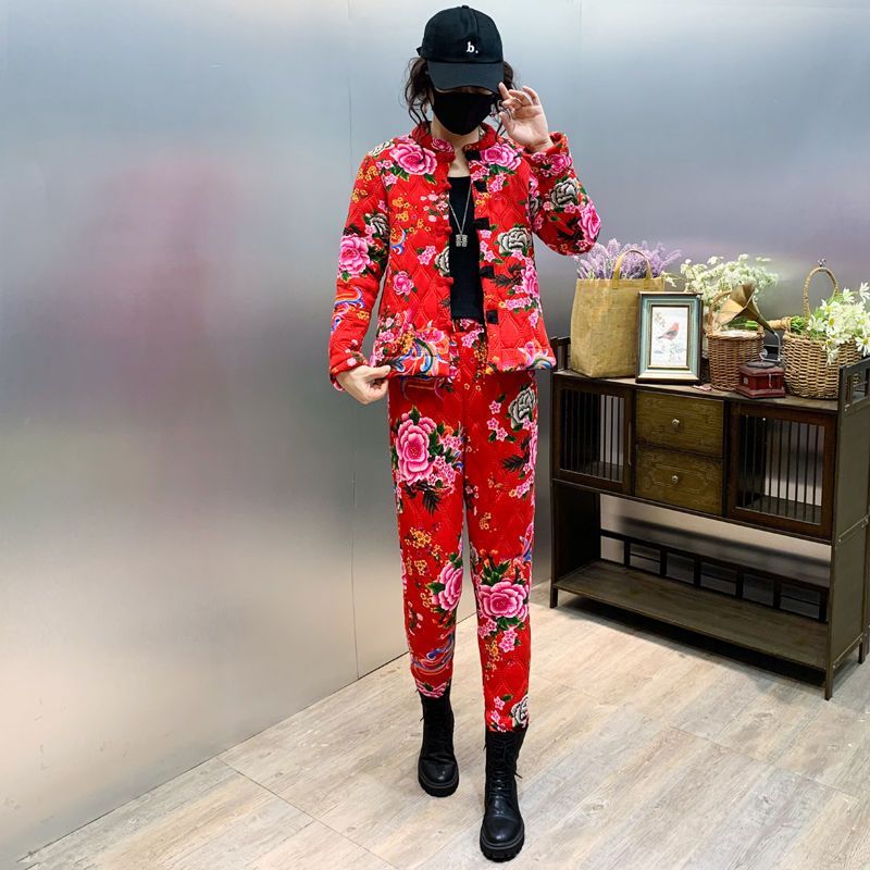 大花棉衣套装加厚绒棉裤一整套民族风花棉袄 红牡丹套装(棉衣 裤子)