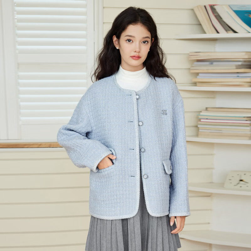 乐町甜美少女风粗花呢小香风外套女2024冬季新款精致纽扣设计上衣 轻柔蓝(现货) M