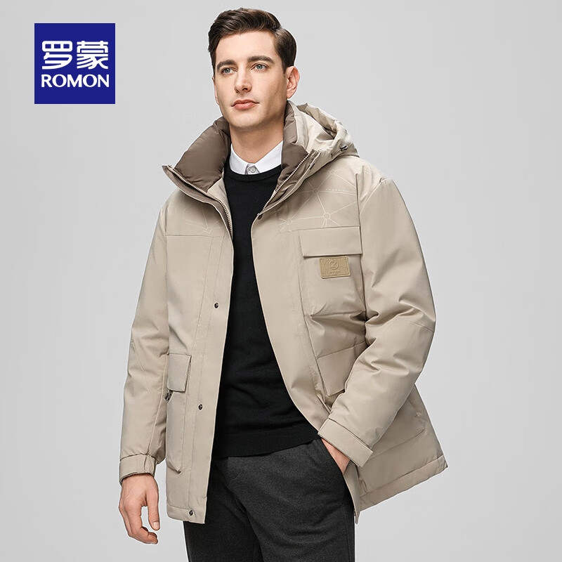 罗蒙鹅绒羽绒服男冬季新款中青年时尚潮流连帽保暖外套  卡其 L 175（建议115-130斤）