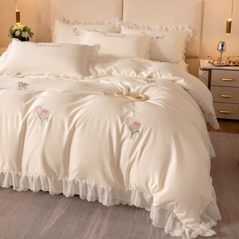 艺彩蝶老裁缝家纺四件套ins少女心双面冰丝床品公主风水洗真丝宿舍三