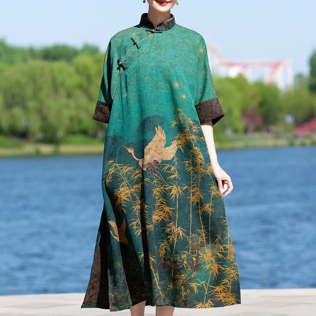 法士隆重磅绢纺真丝香云纱连衣裙女夏中式立领宽松中袖旗袍裙 孔雀绿