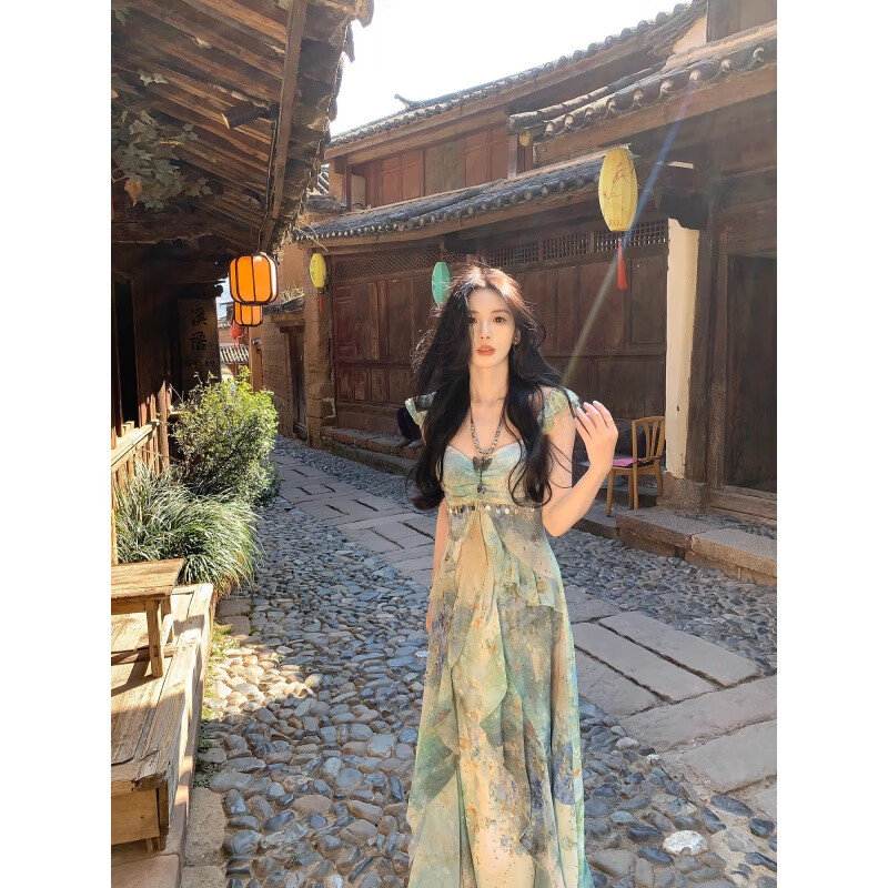 辞柠2025新款设计感不规则连衣裙女《林间浮夏》吊带连衣裙长款裙子 图片色 S
