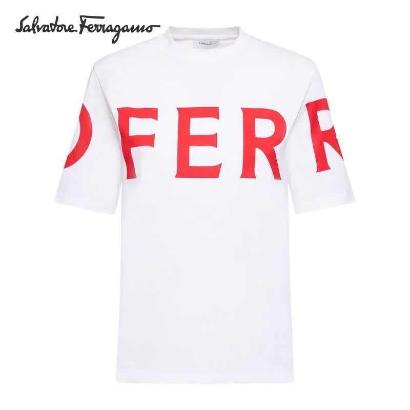 菲拉格慕(ferragamo) 女士 服饰 logo棉料平纹针织短袖t恤 白色/红色