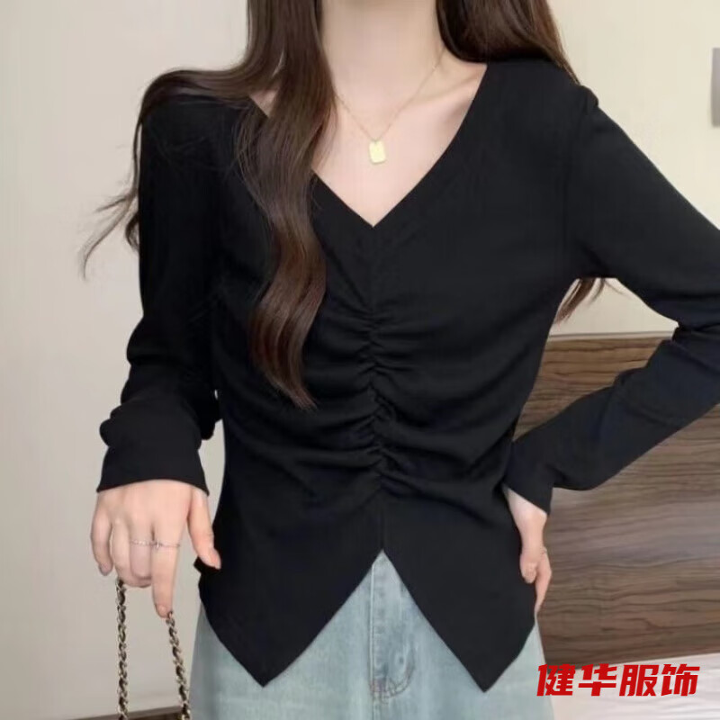 茵侈大码褶皱新款修身mm长袖上衣秋季感小众设计显瘦T恤开叉打底 64444黑色-胖妹妹大码秋冬装 XL 115-120斤-胖妹妹大码秋冬装
