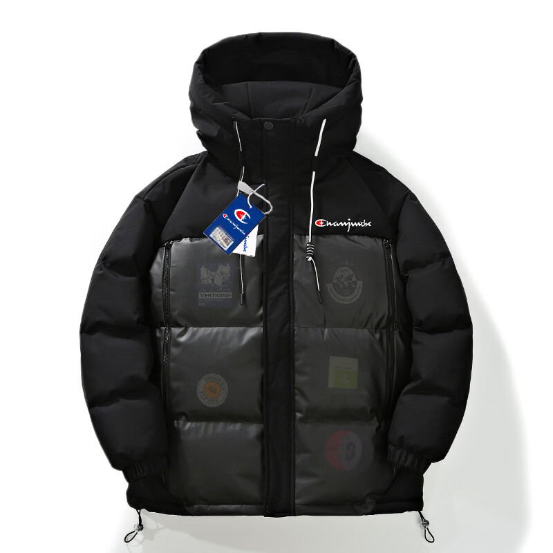 冠军涂鸦羽绒服男冬季潮牌鸭绒加厚外套宽松时尚情侣款衣服冬装 黑色