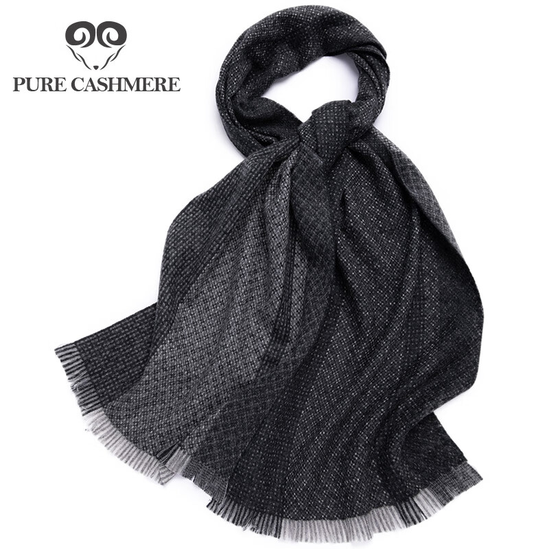 liscn羊绒围巾男士冬季生日礼物毛穗边配礼盒 深灰色