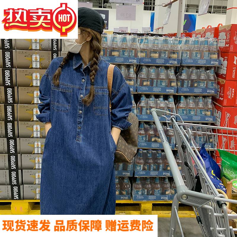 jiandirun实拍深蓝色牛仔衬衫连衣裙女秋韩版宽松复古长袖裙子潮 图片