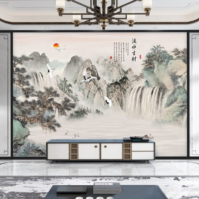 新中式电视沙发背景墙5D壁纸水墨山水国画客厅大气3D壁画10D墙布 支持来图定制量大价优
