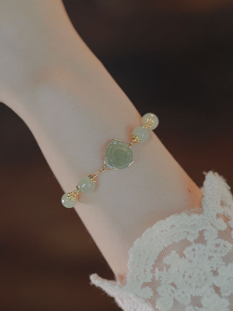 玫瑰盛开和田玉手链女原创设计国风小众送女友气质百搭 手链 浅色玫瑰