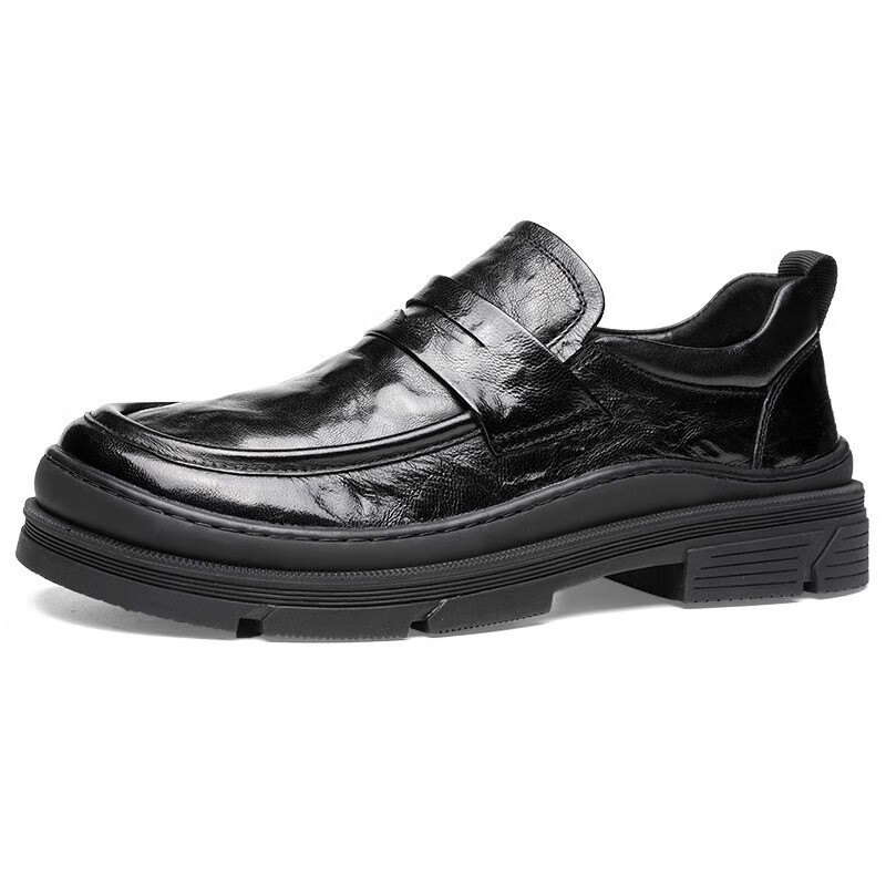 Walker Shop男士高端皮鞋男软羊皮大头商务通勤皮鞋新款厚底增高一脚蹬乐福鞋 黑色系带款 【品牌男鞋 礼盒包装】 40