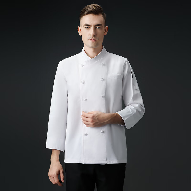 服布扣白色秋冬季男长袖酒店餐厅食堂厨房定制工作服 (兄弟)经典布扣