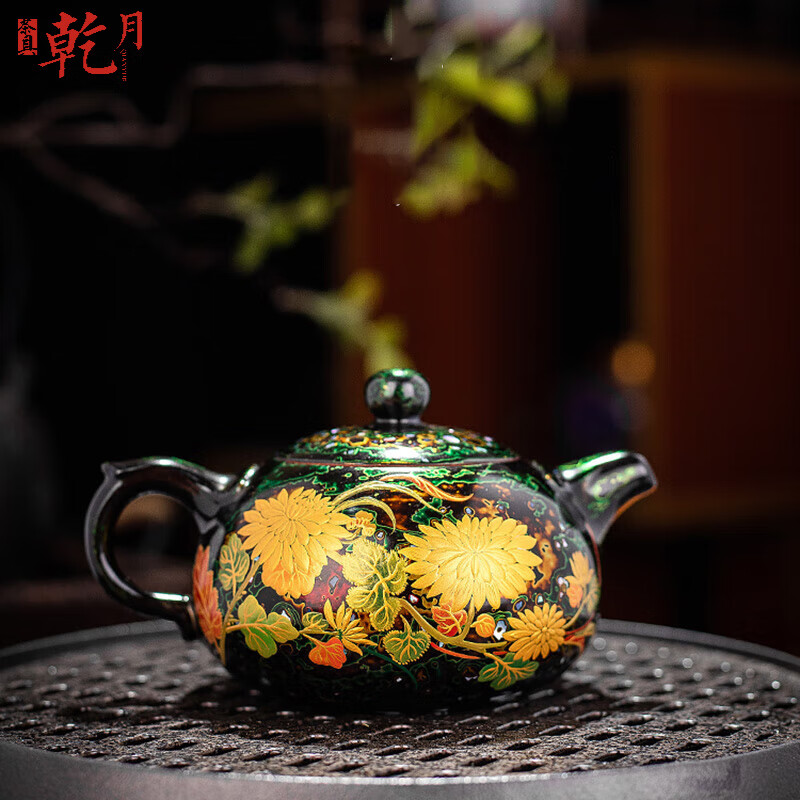 乾月漆器茶具大漆手绘莳绘金菊茶壶 中式家用大容量250ml泡茶壶礼盒装