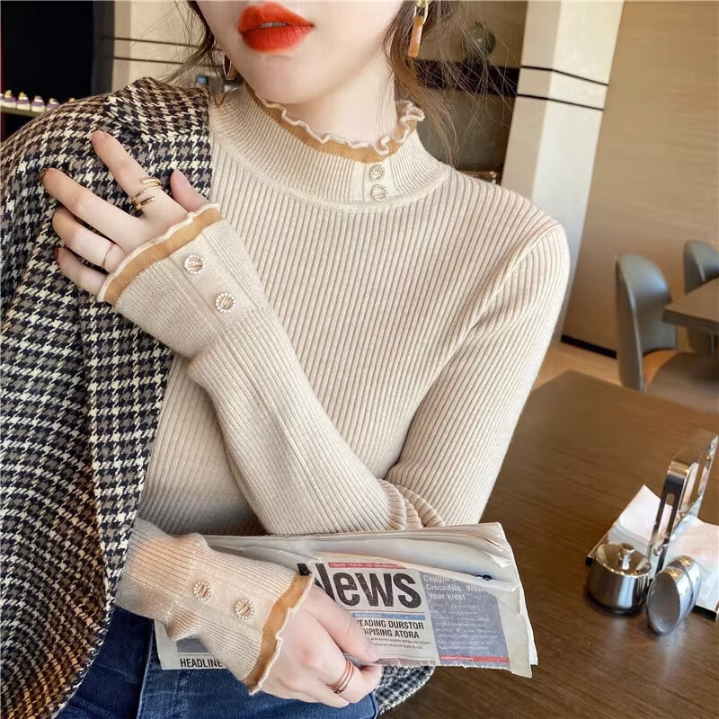 浪莎毛衣女冬季新款半高领蕾丝加绒打底衫小个子韩版修身显瘦保暖上衣 黑色【蕾丝闪钻-轻暖春秋款】 均码【推荐90-130斤】