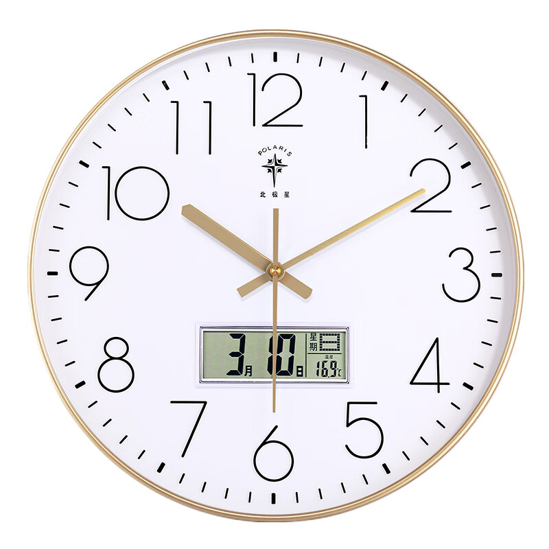 北极星（POLARIS）挂钟客厅钟表简约家用万年历温度挂表35cm金色