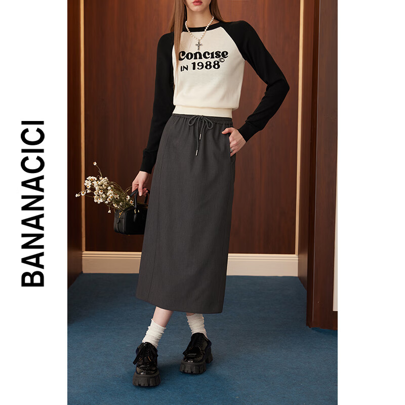 banana cici2024年秋季新款美式复古风撞色字母刺绣BC套头针织衫C243MY093 黑色 L