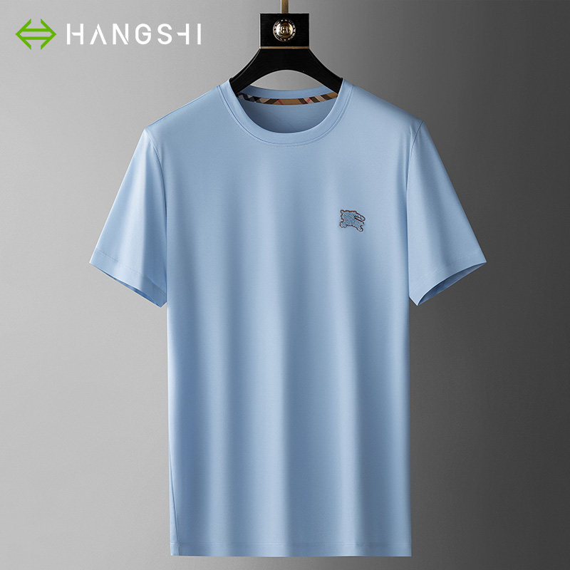 tcmc轻奢高端冰蓝色80支长绒棉t恤男圆领短袖夏季简约修身刺绣丝柔棉