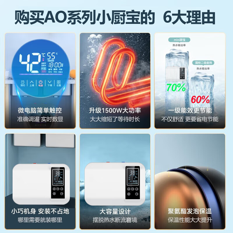 AO.ZPSIMSI小厨宝电热水器一级能效家用储水即热速热式厨房卫生间热水宝暖水宝小方型专用迷你SMD 8L 1500W 【数显旋钮】上出水