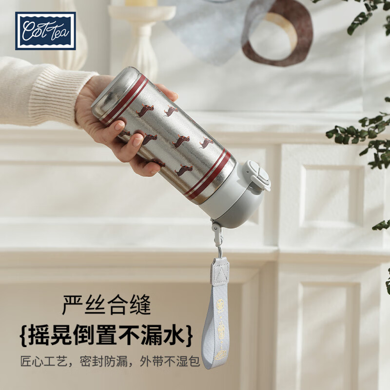 TAEFAIR多款图案纯钛保温杯弹盖双饮吸管水杯便携车载杯精致养生杯500ml H-多只腊肠狗纯钛保温杯500ml