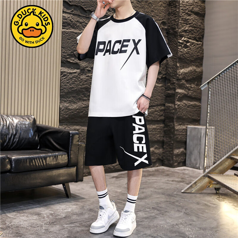 duck kids小黄鸭青少年夏季运动套装12-15岁男孩初中生中学生帅气短袖