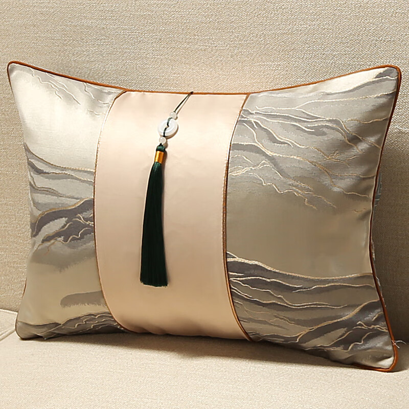 沙发轻奢腰枕靠垫套长方形靠背护靠背垫腰抱 锦绣山河烟灰-中间吊穗款