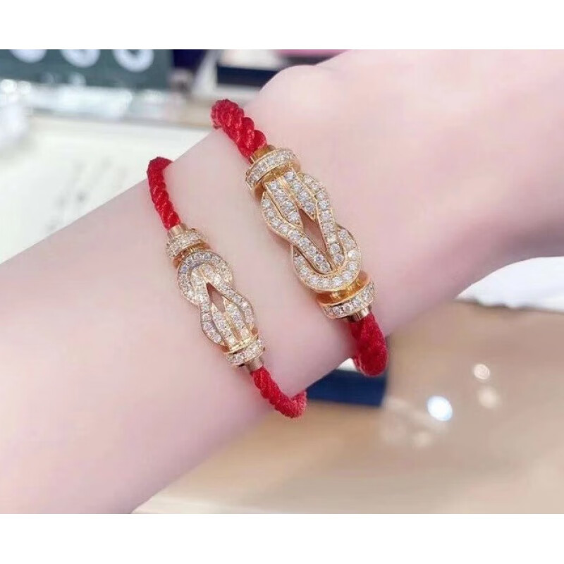 dolv红绳18k金马蹄扣手链八字手绳本命年进口技术d色石镶嵌au750女款