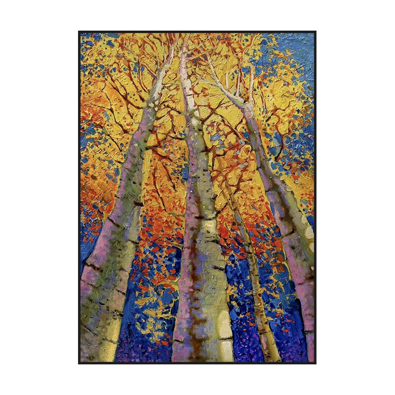 彩象白桦林手绘油画秋季黄色桦树装饰画客厅玄关立体丙烯落地肌理挂画