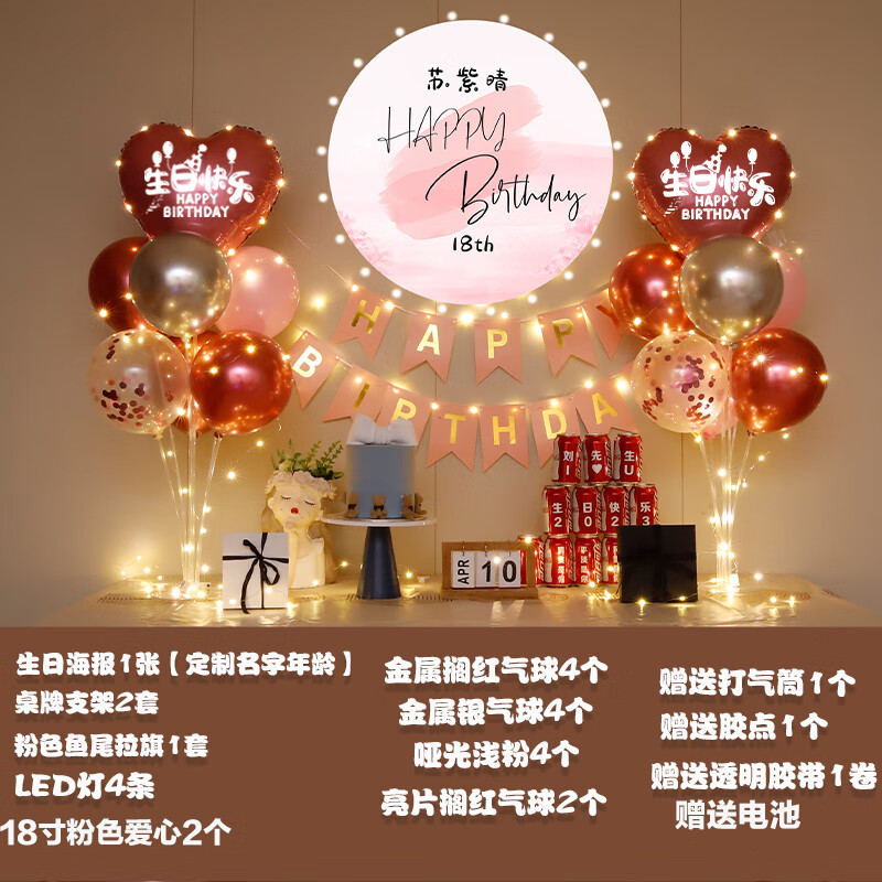 装饰氛围灯桌飘气球海报背景墙场 粉色款 a 可定制(名字 年龄)自行