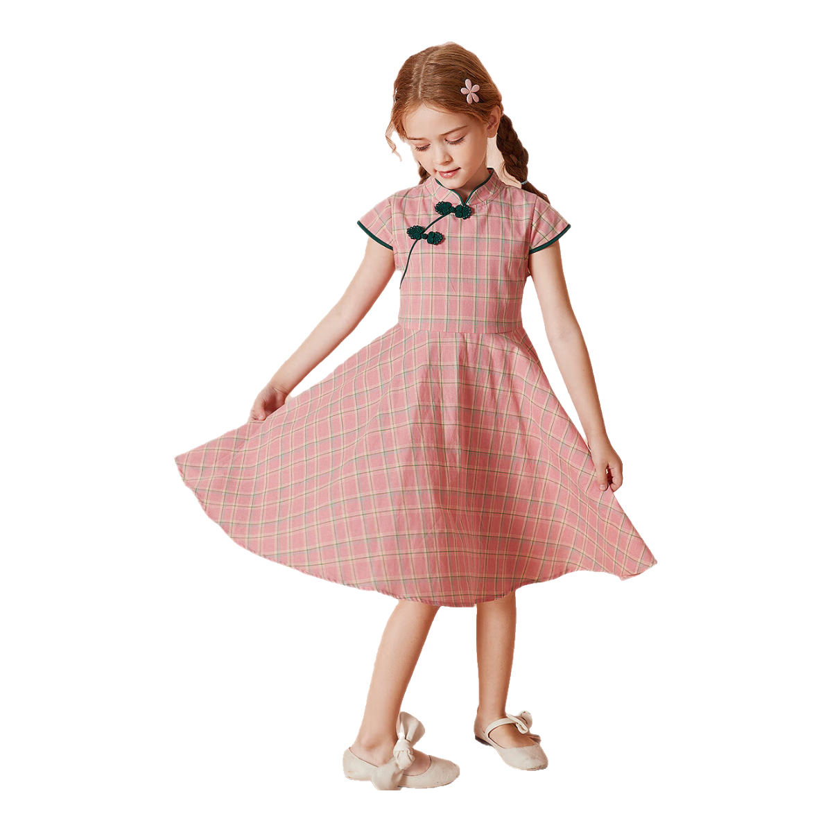 森林与孩子女童2022夏装新品裙子复古旗袍汉服裙格纹短袖裙子 粉红 160 
