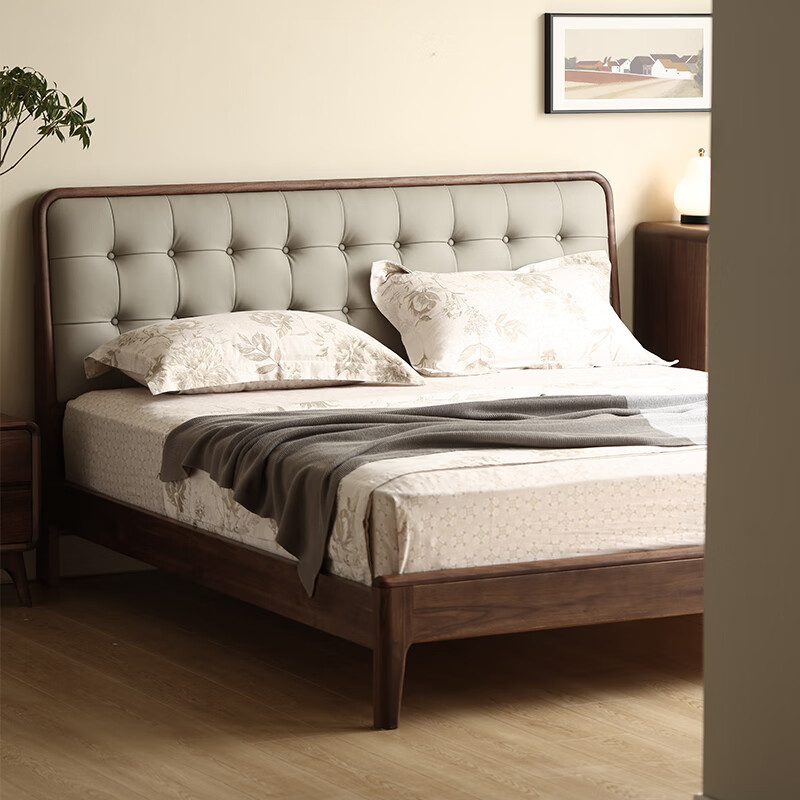 黑胡桃木实木床真皮软靠背意式简约婚床轻奢原木1 北美黑胡桃木松木