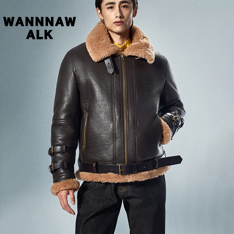 wannnawalk轻奢品牌进口美利奴短款机车皮毛一体男士皮草真皮外套冬