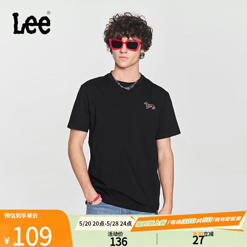 Lee24春夏新品舒适版logo字母印花圆领套头男短袖T恤LMT0081194LE 黑色 M