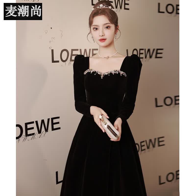 麦潮尚黑色晚礼服2023新款高端轻奢小众气质宴会丝绒长袖感在逃公主 黑色 XS高性价比高么？